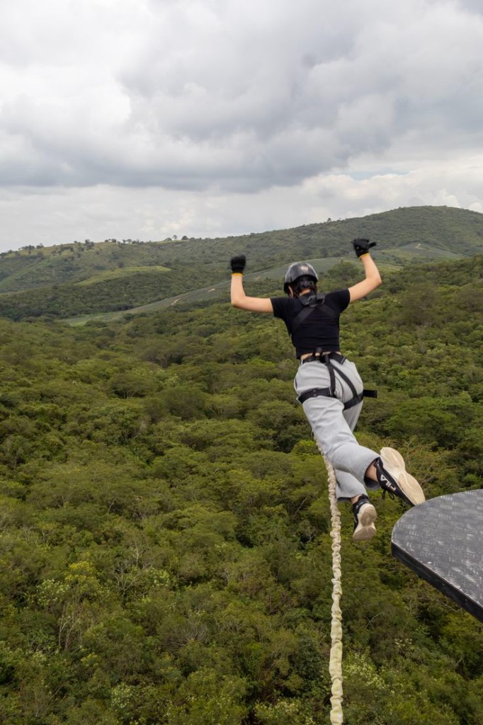 Bungee jump over valley at Bande Falls and Resort